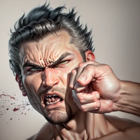 drawing of a man with a fist punching his face, anger. hyper detailed, epic pencil illustration, enraged, hyper realistic illust...