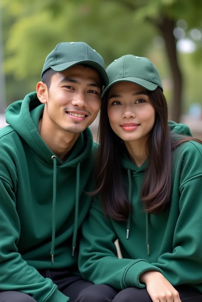 a pair of indonesian lovers, clean faces, wearing hoodies green color wearing baseball caps, sitting on a park bench, photo faci...