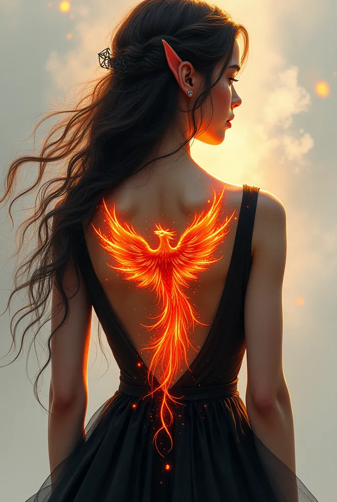 watercolor art, fantasy art, goth art, of a tattoo on the back of a female elf, a glowing tattoo of a ((phoenix: 1.3)) on the el...