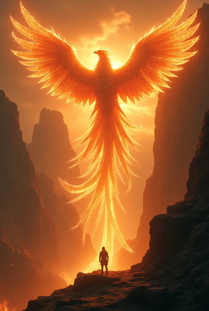 a super massive colossal phoenix standing at the top of a cliff, a man looks up to the phoenix, phoenix is illuminating brightly...