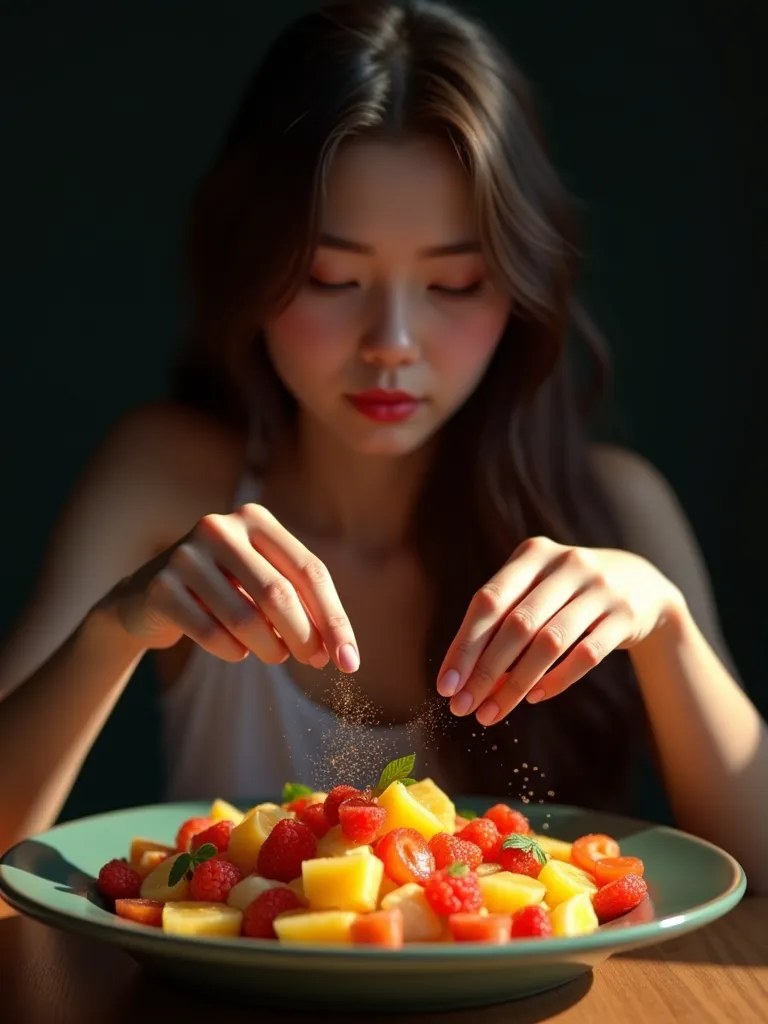 girl+fruit salad+ sprinkling seasoning+ black background