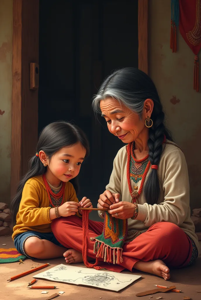 indigenous grandmother in skirt knitting and talking with her indigenous granddaughter in skirt drawing