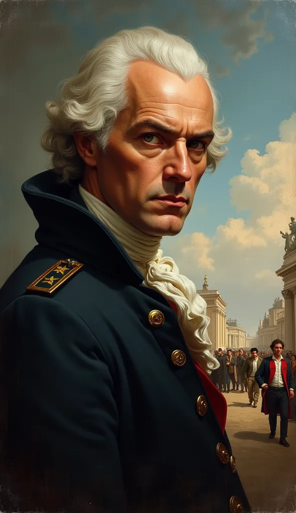 "image de robespierre avec une expression déterminée, puis une transition vers une scène plus calme avec des citoyens en paix."