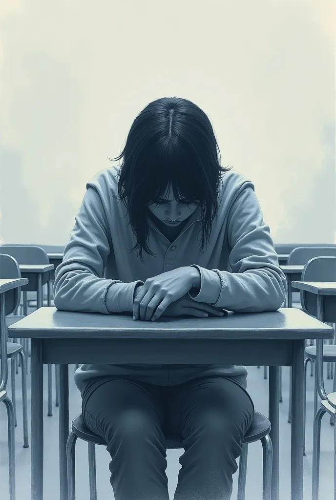 drawing of a student with depression is alone at a desk in the classroom.