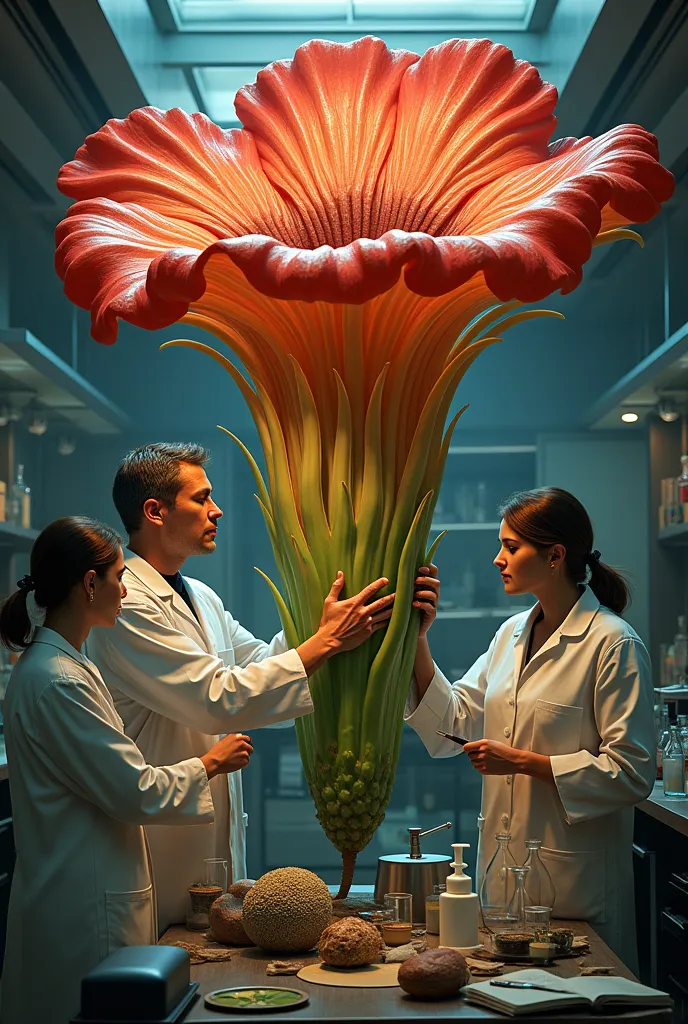 the rafflesia arnoldii puequeña being modified by 3 scientists