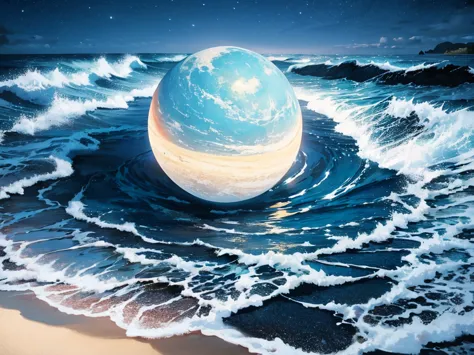 a beautiful, pale blue sea,night,a beautiful planet seen behind,pc wallpaper