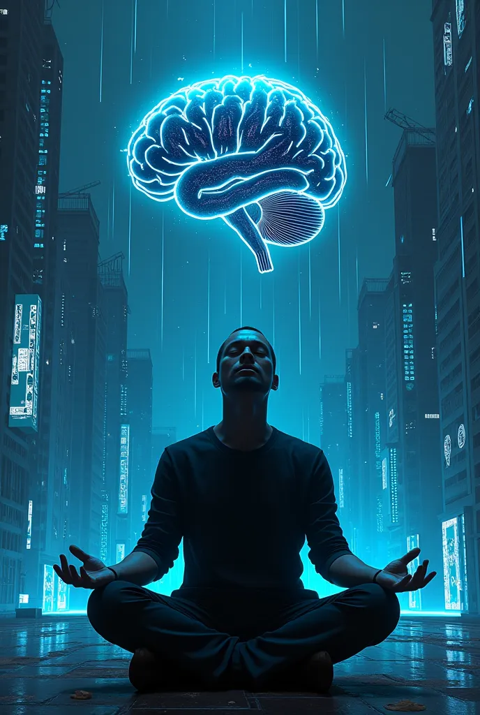 create an image of a man sitting meditating with his brain exposed, with the cyberpunk environment and neon colors with blue lig...