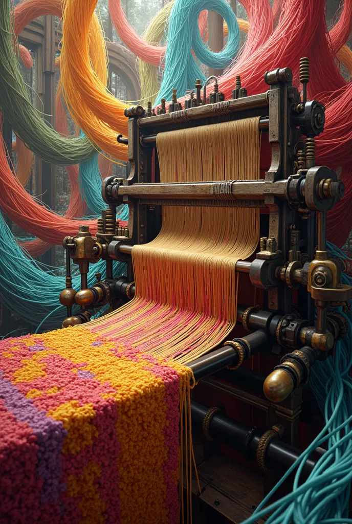 a loom weaving fabric with threads and around there are extremely many threads of different colors flying around. please draw al...