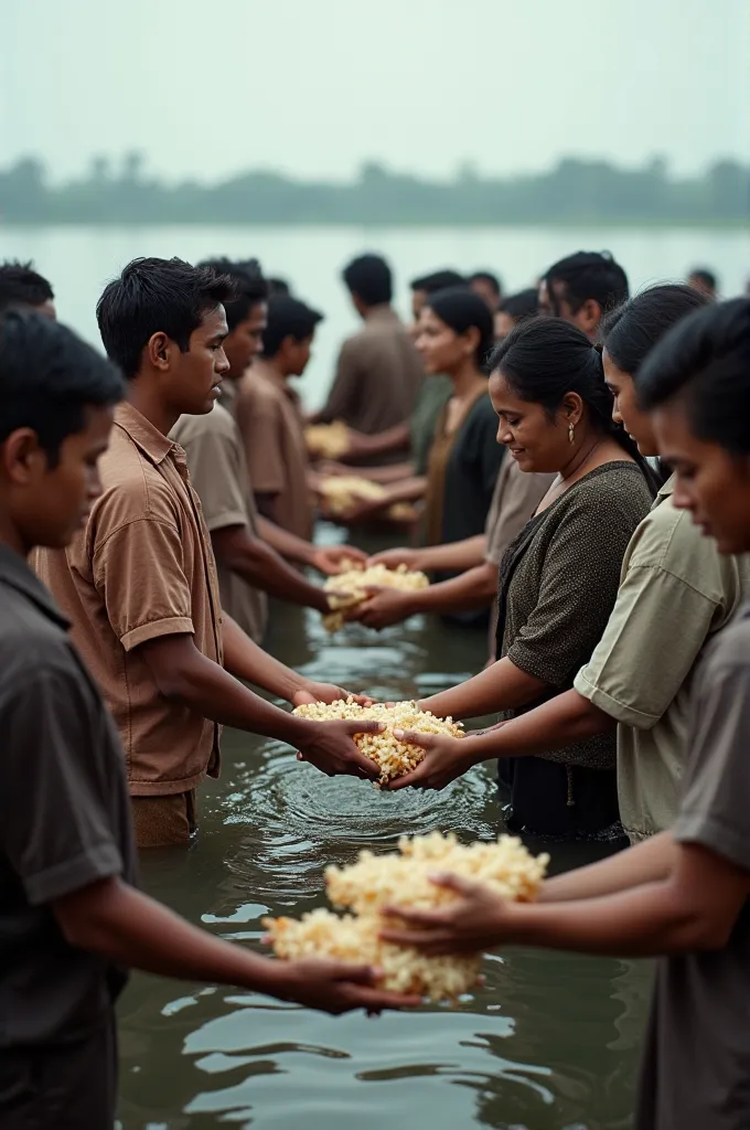 পানিতে দাড়িয়ে থাকা মানুষ গুলোকে খাবার দেওয়া হচ্ছে