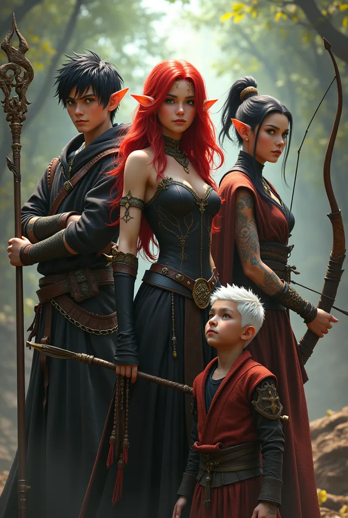 group of 5 members, human green eyes, black hair, staff, green clothes, an elf, red hair and green eyes with a bow and arrow, a ...