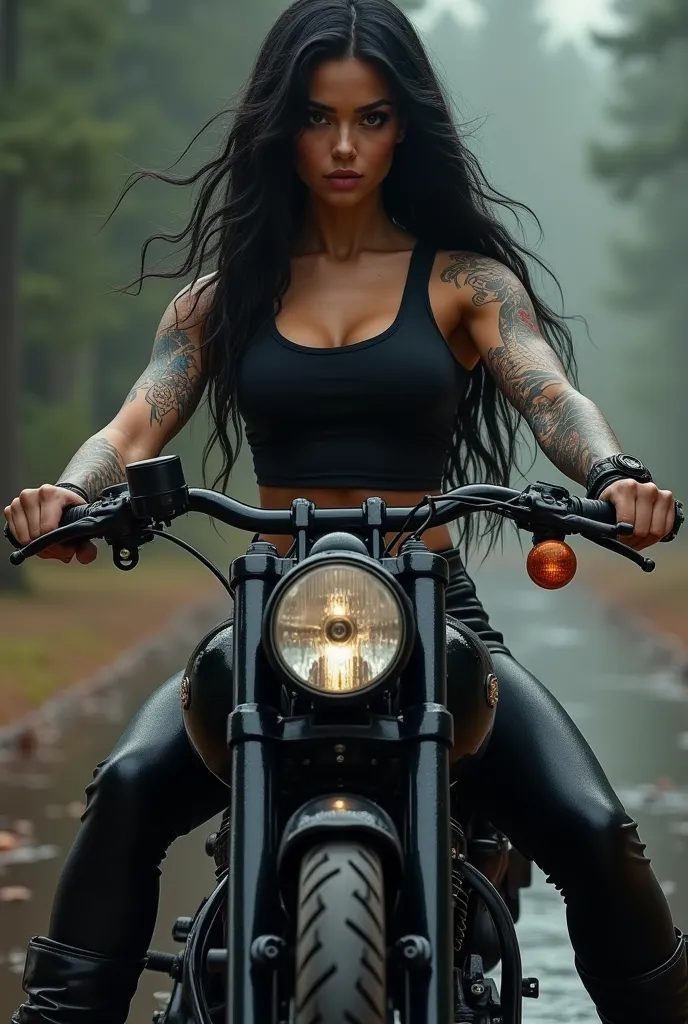 muscular woman with long black hair with black tank top black pants with black boots and has tattoos on both arms on a harley da...