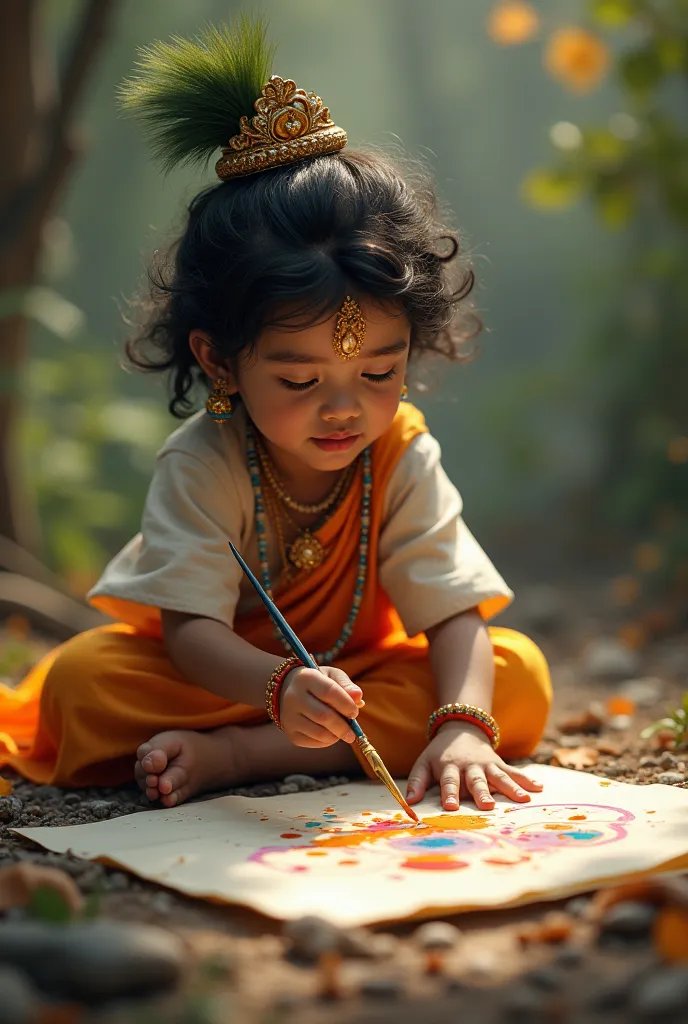 kid krishna with painting brush drawing in paper to ground with parfect hands