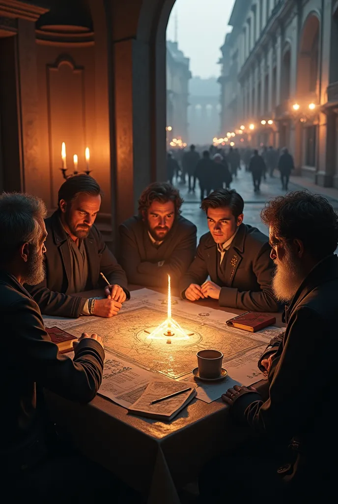 close-up shot, low angle shot, (a split image: on one side, a candlelit room where weishaupt and his followers plot, their faces...