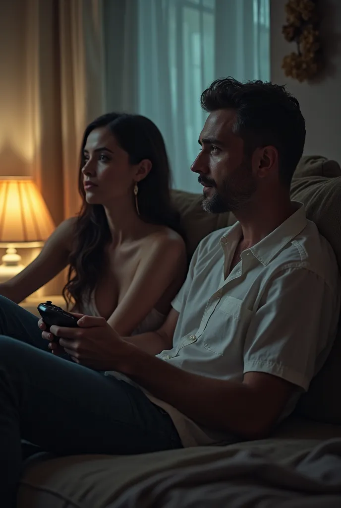 woman cheating on her husband in the same room where he plays video games, although, he is so distracted he doesn&#39;t notice