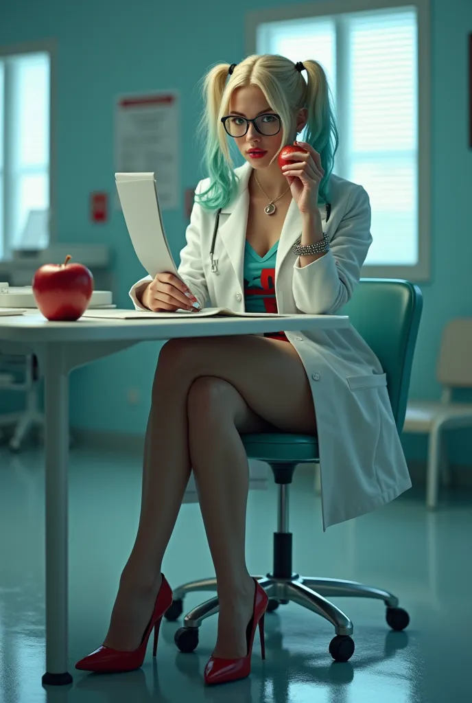 cinematic image of harley quinn with prescription glasses and a white doctor&#39;s coat, she is sitting at the hospital table wi...