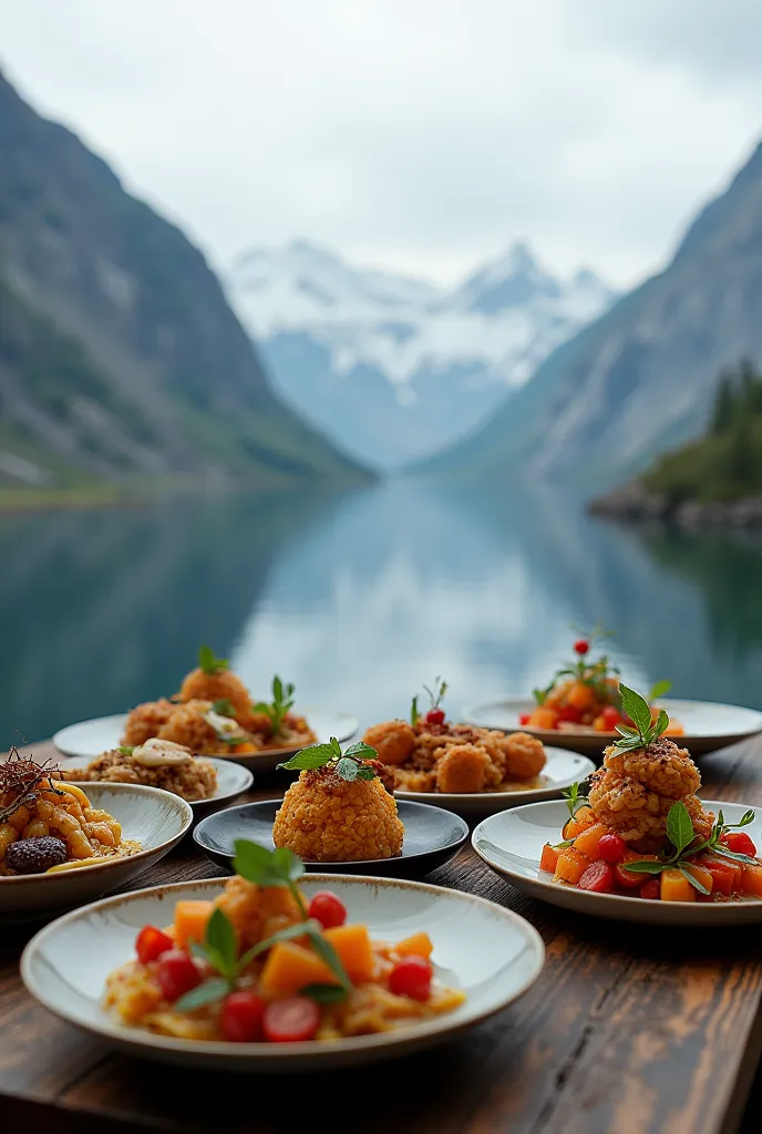 delicious food with a nordic landscape in the background