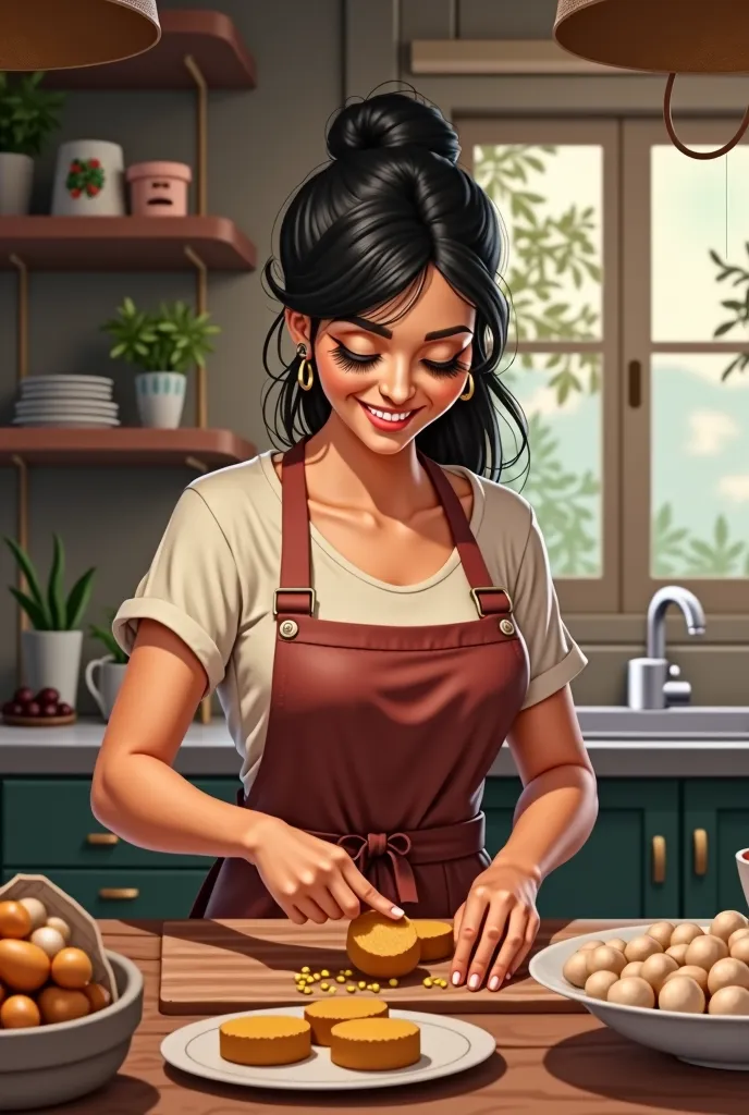 a brazilian woman in her kitchen making the sweet bem casado. she is wearing a tame and apron, tied hair. has dark hair and fair...