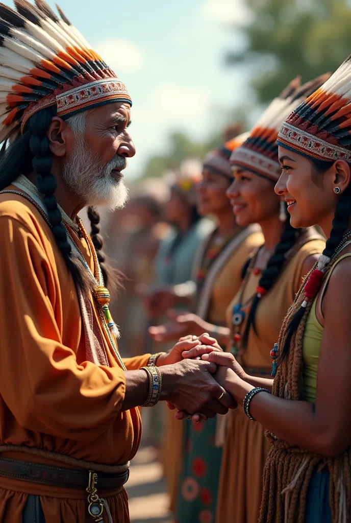 indigenous people wearing headdresses and young people from the outskirts holding hands