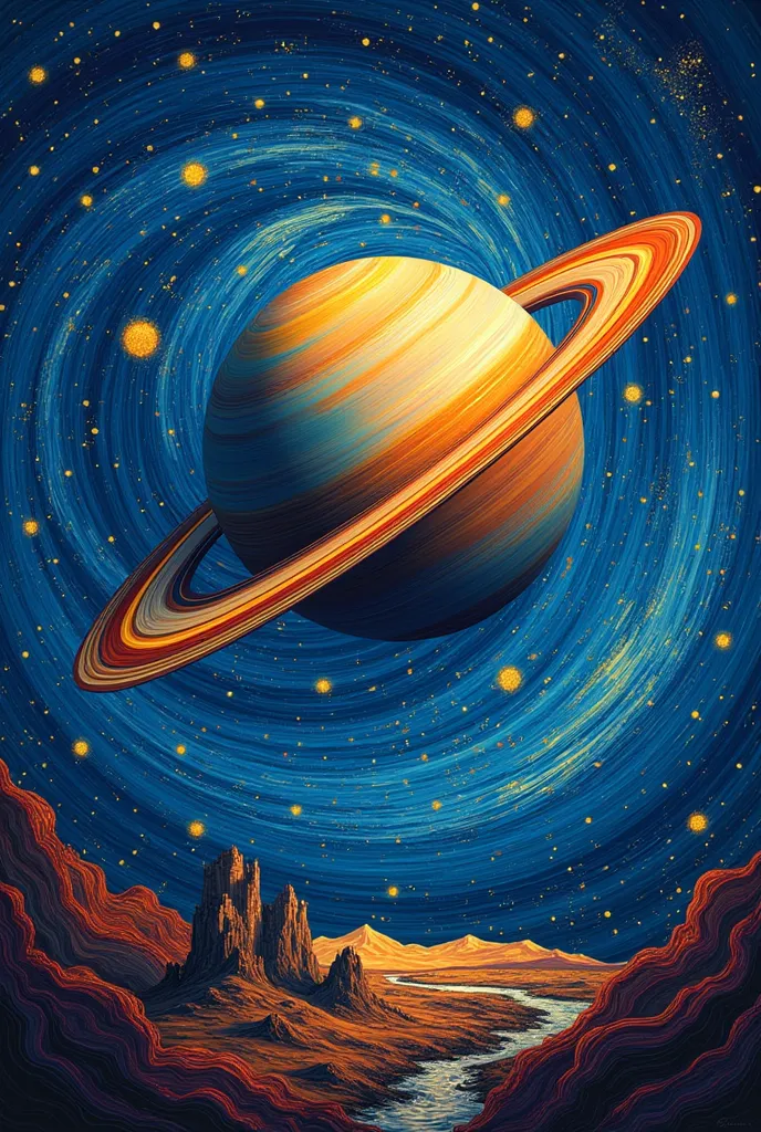 saturn in “starry night” style