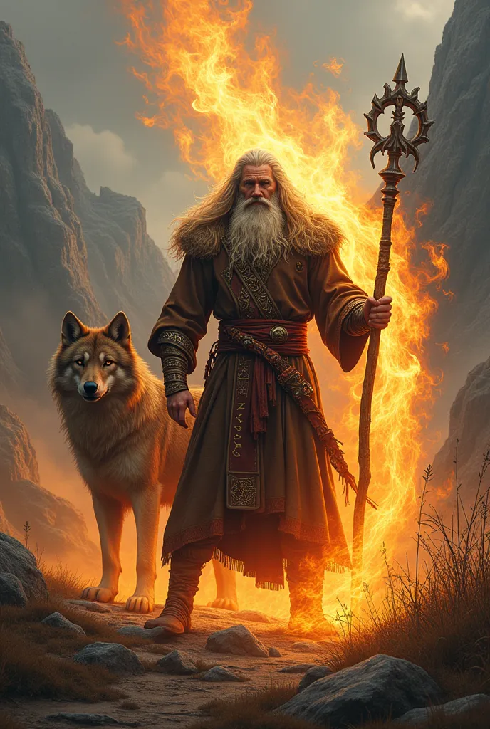 druide aasminar homme aux cheveux blond et aux yeux dorées du feu sauvage utilisant du feu avec un chienloup sur le thème viking