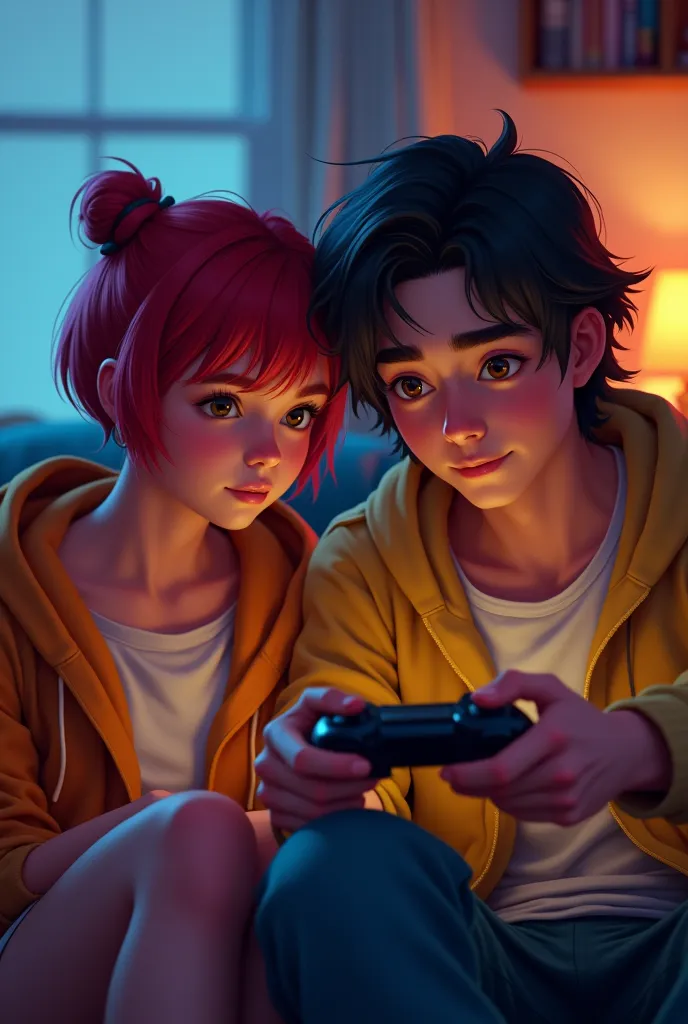 a girl white with haircut very short, red hair, playing videogames with a boyfriend, a man swarm with haircut very long, han bla...