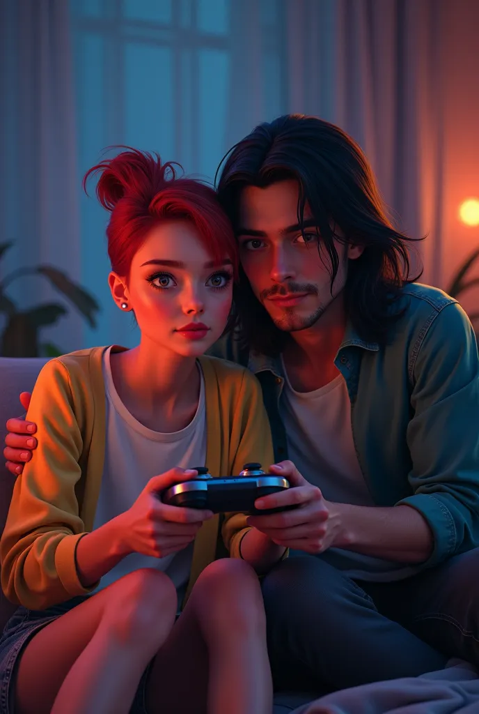 a girl white with haircut very short, red hair, playing videogames with a boyfriend, a man swarm with haircut very long, han bla...