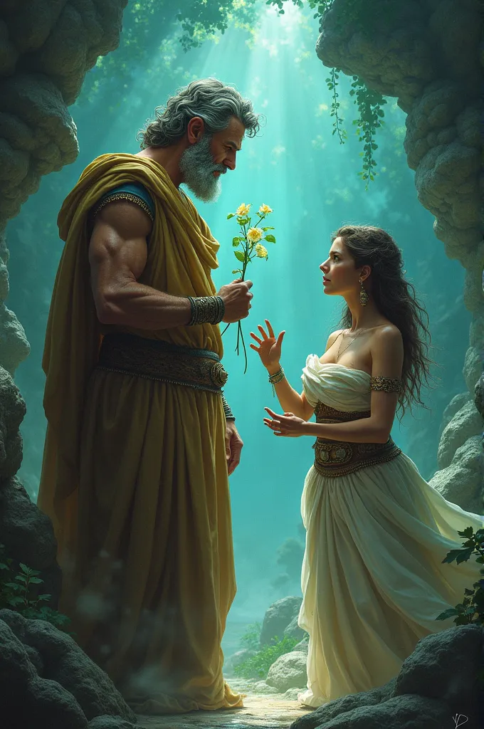 odysseus holds a magical plant as he confronts circe. she raises her hands, surprised and willing to free the men. - *text:* cir...