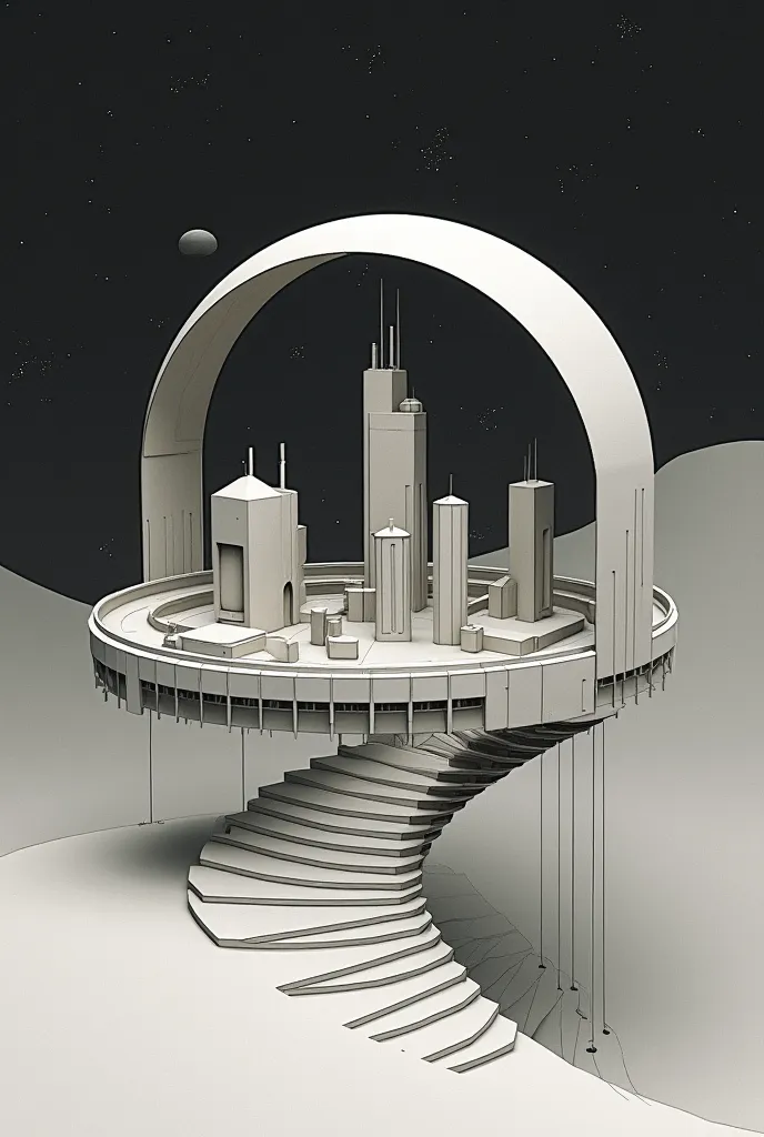 (minimalist cardboard design ) (drawing without much color) city inside a glass dome in space