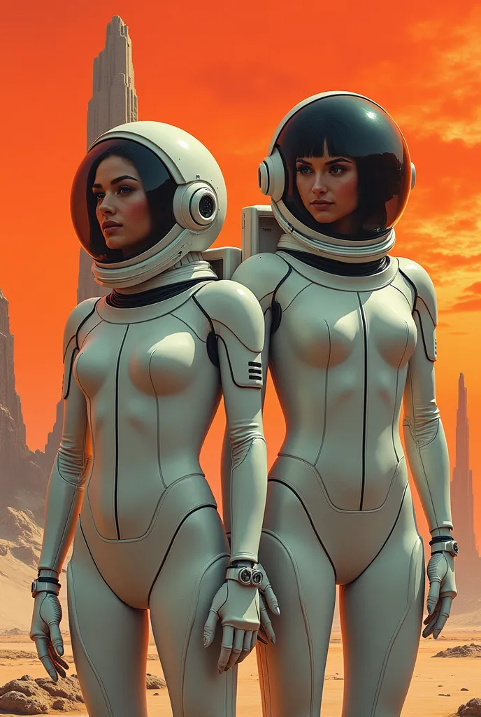 arafed image of a woman and man in a futuristic suit with a spaceship in the background, movie art, in front of an orange backgr...