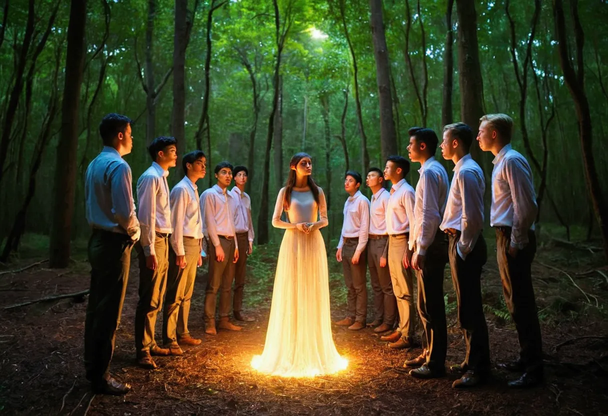 ten men are standing in the middle of the forest staring at a young woman.