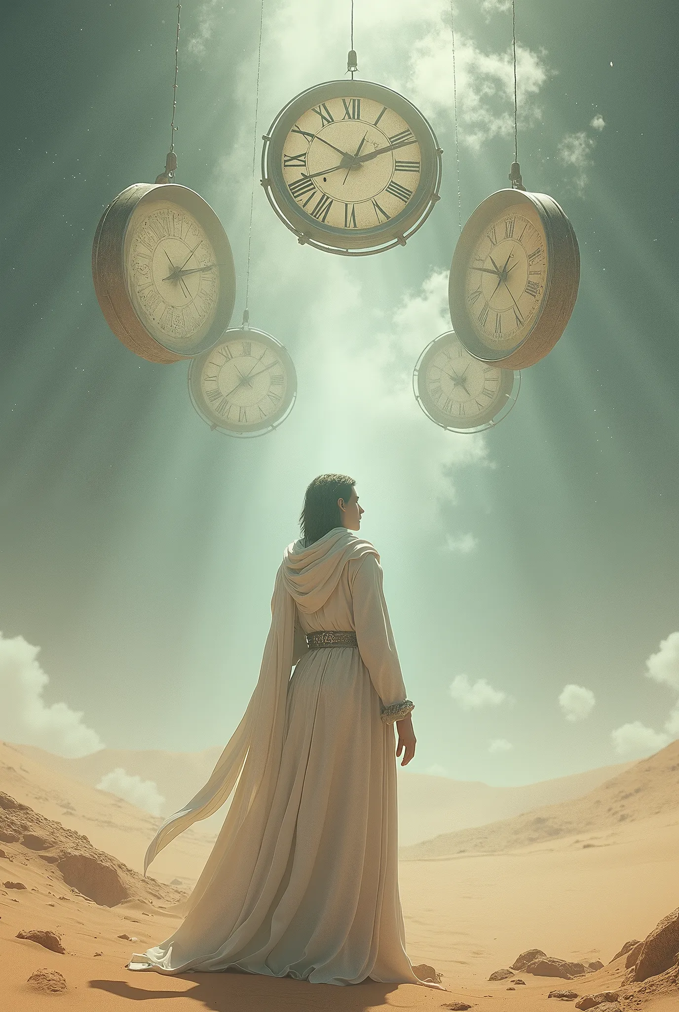 arafed man in a white robe standing in a desert with clocks in the sky, memory trapped in eternal time, abstract occult epic com...