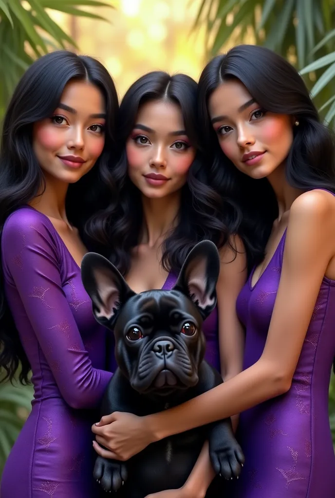 3 black haired woman in purple clothes with a black french bulldog