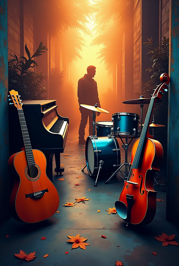 image for the cover of my music-themed notebook with instruments and an artist in the background who cannot be seen during the d...