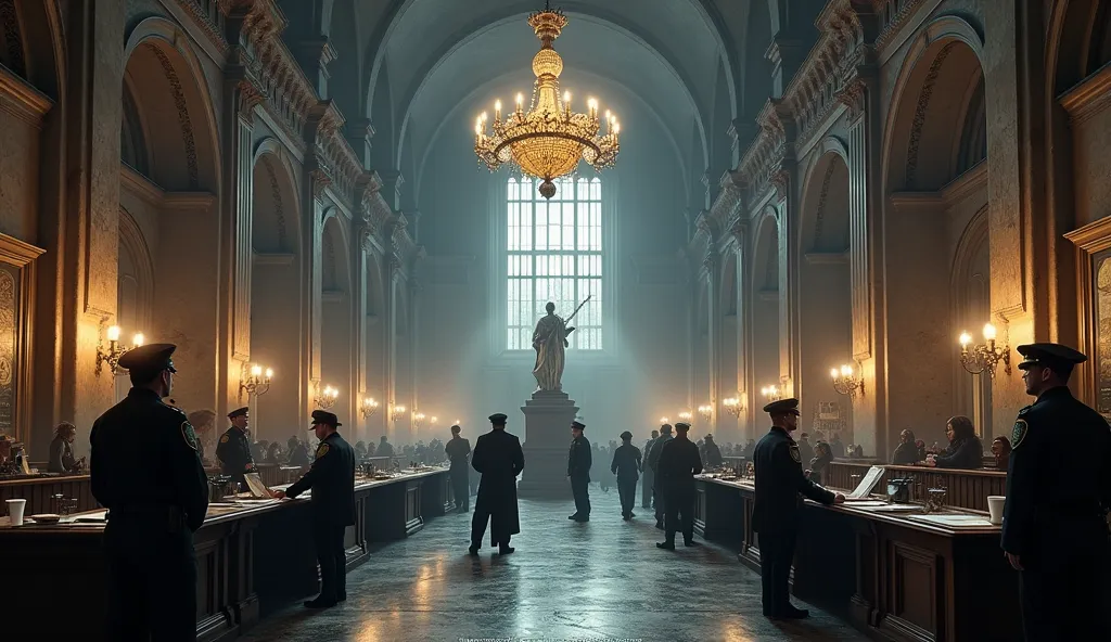 gothic architecture, grand hall, marble columns, ornate arches, massive chandelier, dim lighting, dark ceiling, shadows, silver ...