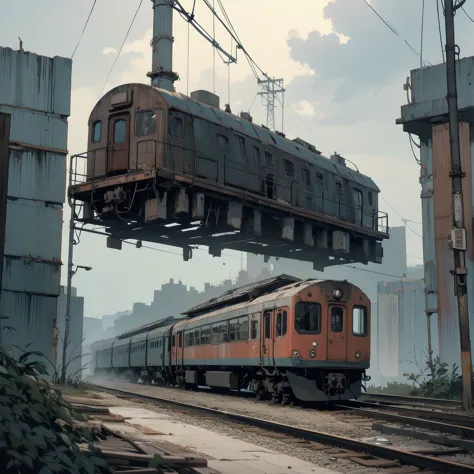 a train，very shabby，latter-day feeling，in the distance is the ruined city，dark，the weather is gloomy