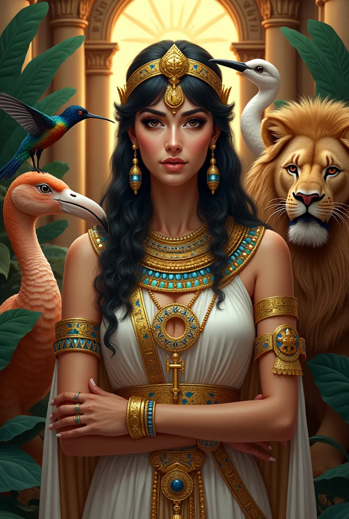 create an image of cleopatra surrounded by a hummingbird, a lion and a flamingo, with elements that symbolize wealth and money, ...