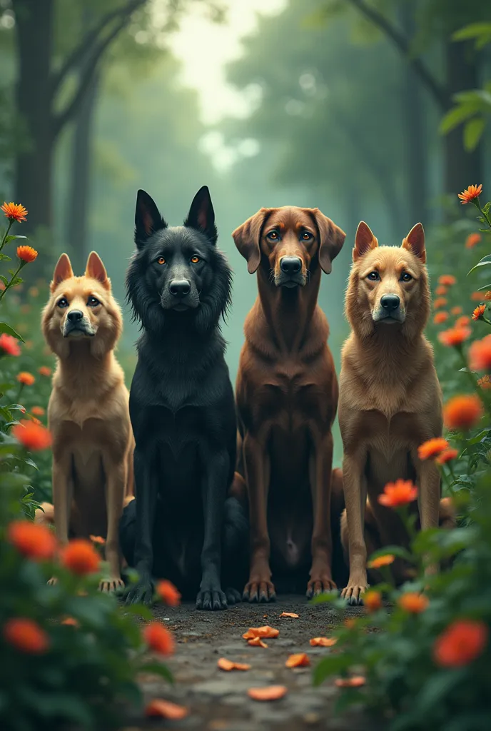 four sad dogs in a garden