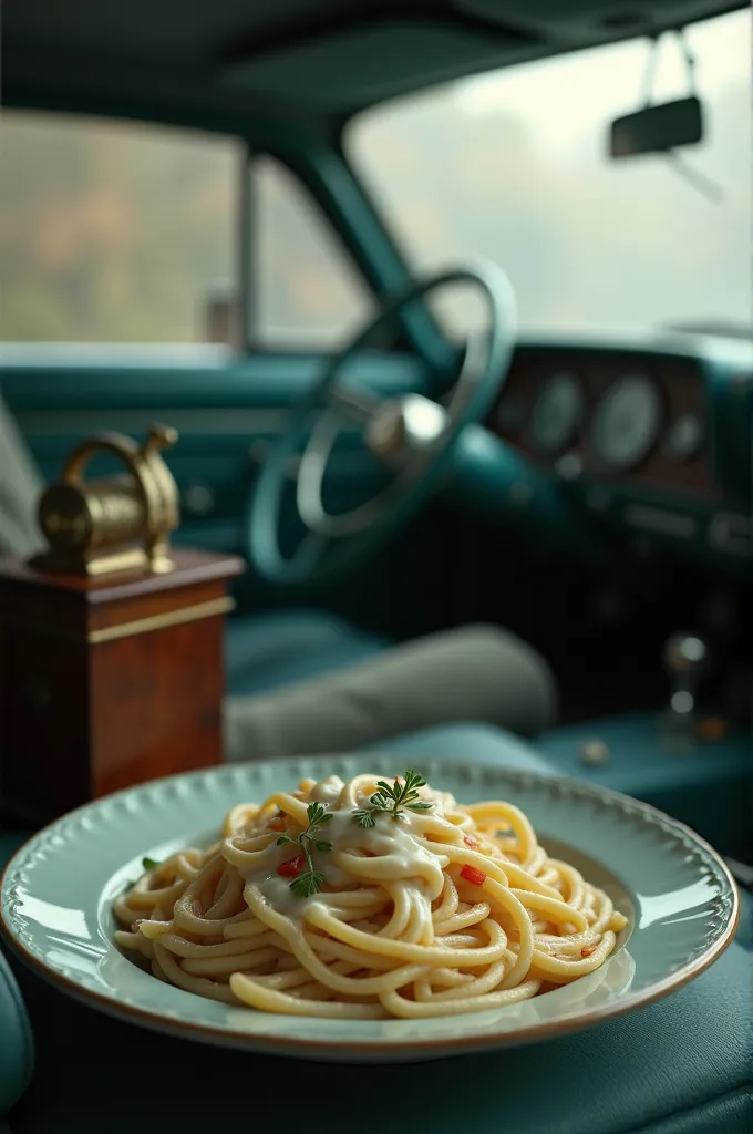 white sauce past in plate background with car music box and half empty driver seat