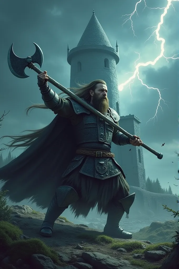 viking warrior fighting with his axe (( a small tower with lightning ) ( the warrior with long hair ) ( with a fighting attitude...