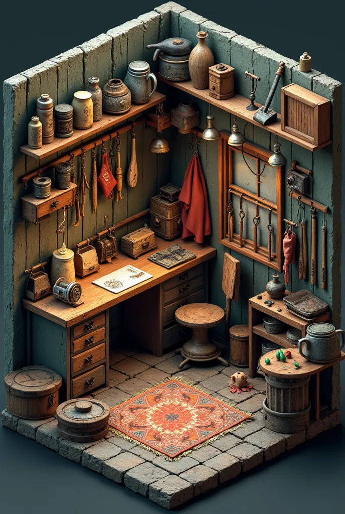 fishing room collector full with rots and other things for fishing. miniature layout, isometric view.