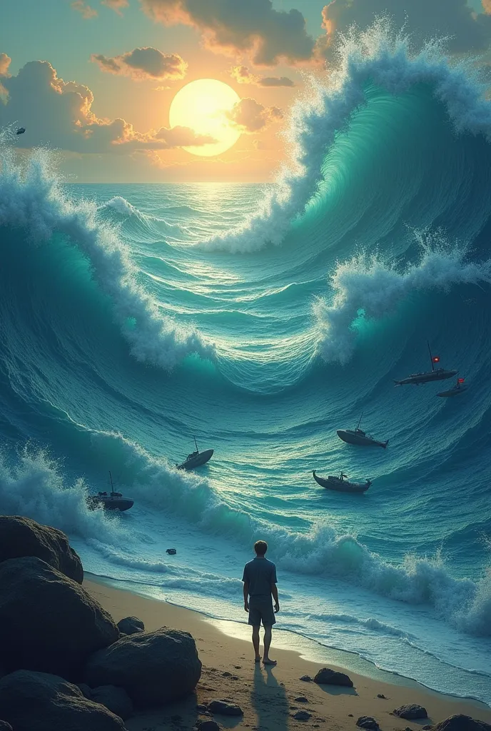 visualize an ocean where each wave represents a different era in time. the water is a deep, shimmering blue, but as the waves ri...