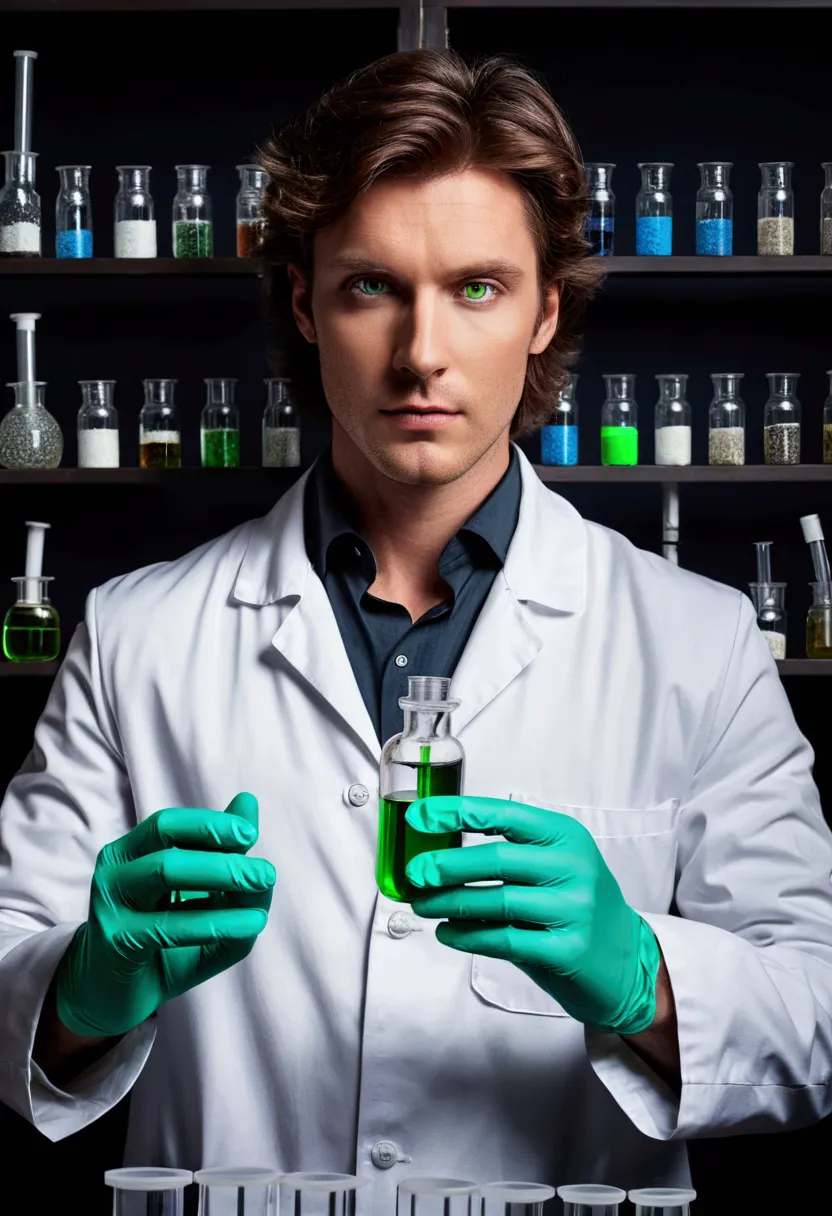 brown-haired man with green eyes in a white lab coat as well as gloves and test tubes