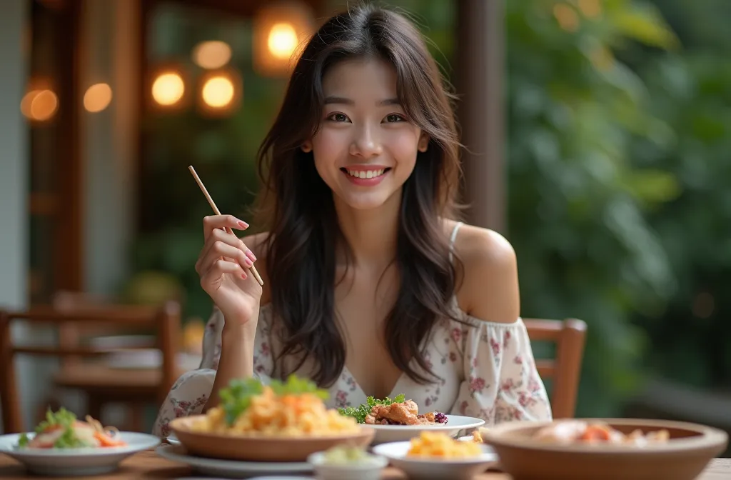 a young asian woman with long wavy hair wearing a summer dress, sitting at a table, food on the table, smiling, (high detail ski...