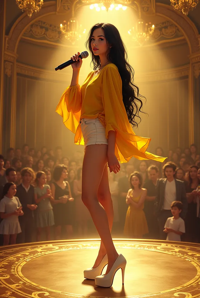 girl with long black hair in a bright yellow oversized blouse with white heels and a nice ass on a round stage with gold details...