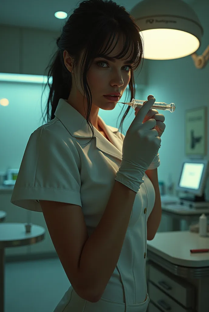 a beautiful nurse with seductive eyes, wearing latex gloves, holding a syringe, (best quality,4k,8k,highres,masterpiece:1.2),ult...