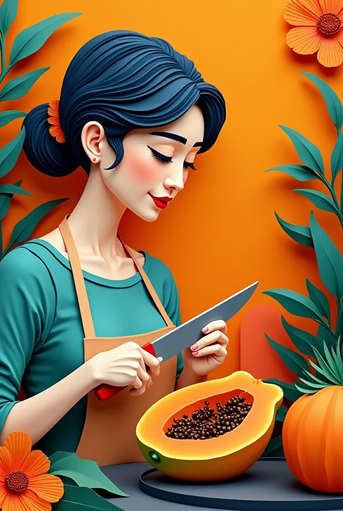 a woman cutting papaya ,  masterpiece, all in three dimensional paper art、(almond shapes);1.9、(three-dimensional paper-cut art.、...