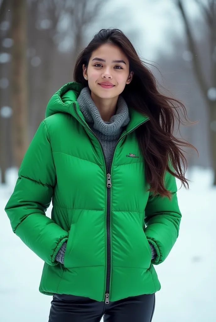 woman ,green down puffer jacket zipper open