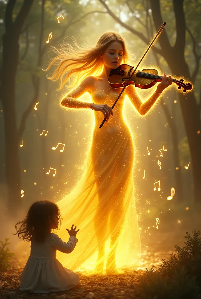 a magical, powerful, and glowing girl playing a golden violin with the notes flying towards a helpless girl that is calling for ...