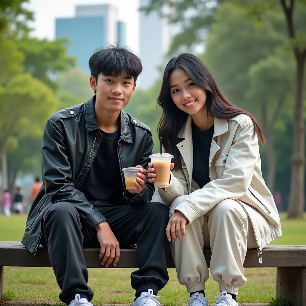 a pair of young indonesian men and women, bright black hair, wearing a black t-shirt and white leather jacket. long cargo pants,...