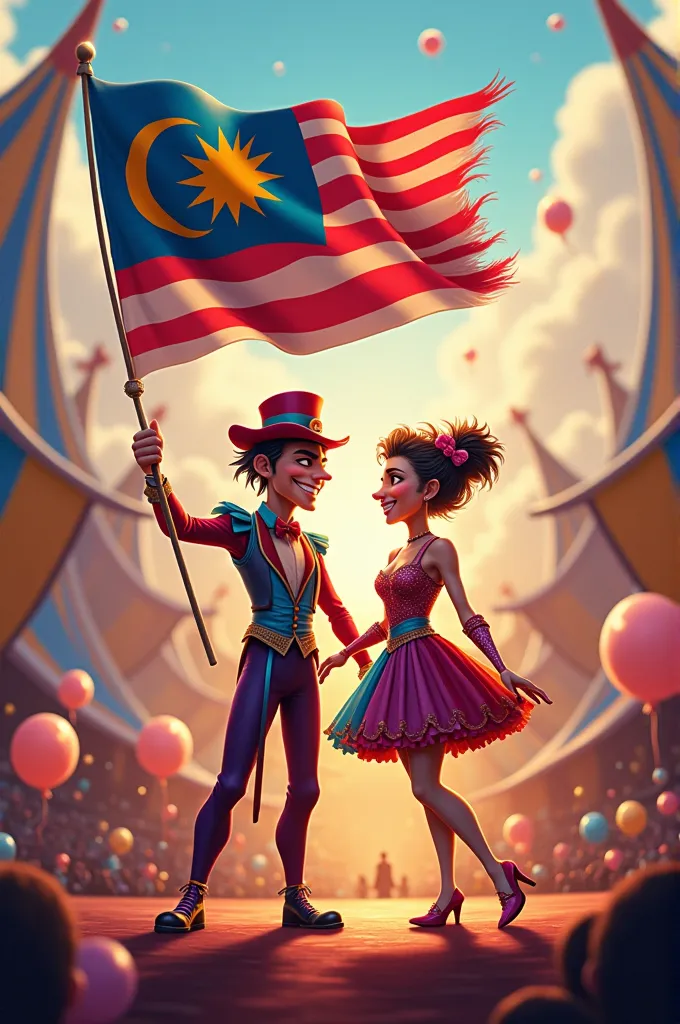 jax and pomni from the amazing digital circus holding a malaysian flag